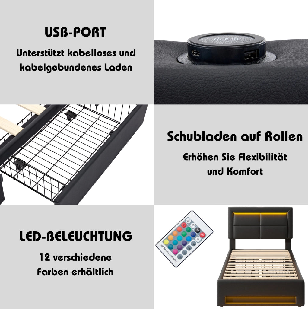 Letto imbottito 90x200 cm con LED, USB e 4 cassetti