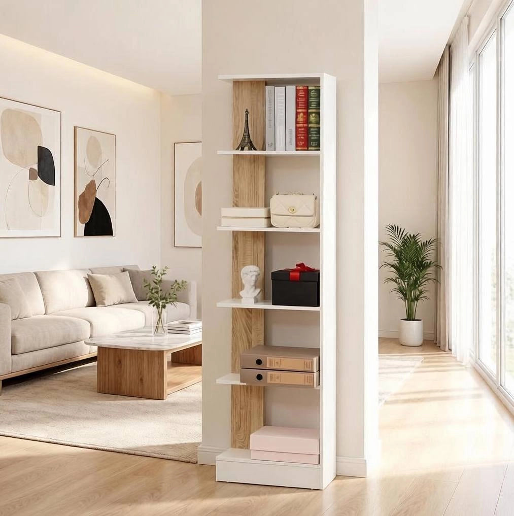 Libreria a 5 ripiani aperti in truciolare E1 bianco e rovere 45 x 21 x 170 cm