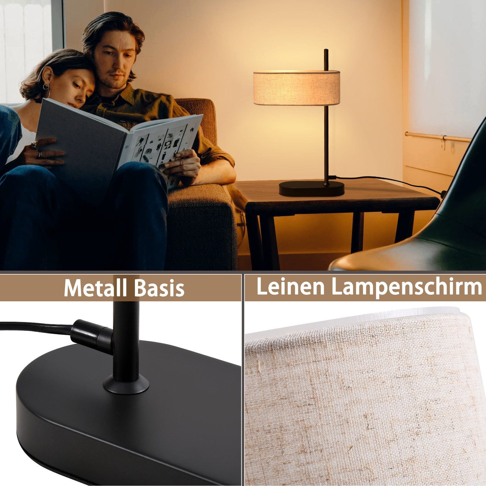 ZMH Lampada da tavolo nera E14 44.5cm paralume lino tessuto per soggiorno comodino