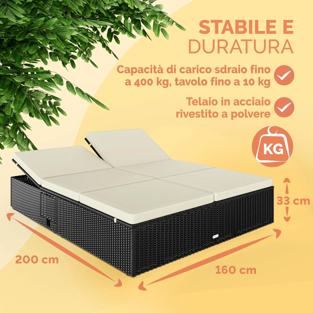 ® Lettino Prendisole 2 Persone in Polyrattan Regolabile in 7 Posizioni con Tavolino Sdraio da Giardino 200x160cm