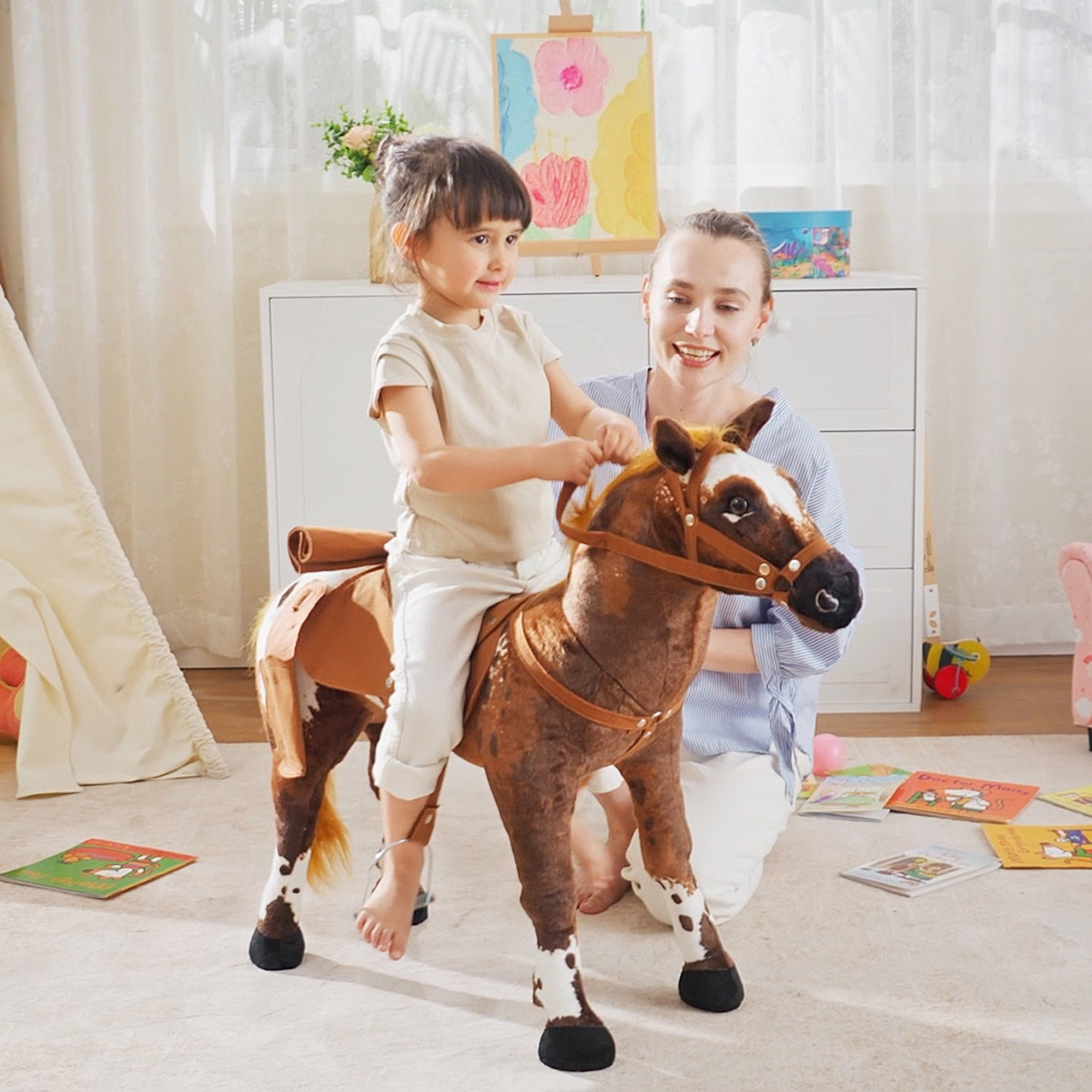 Cavallo a Dondolo per Bambini Realistico 85x28x60 cm in Peluche e Metallo Marrone