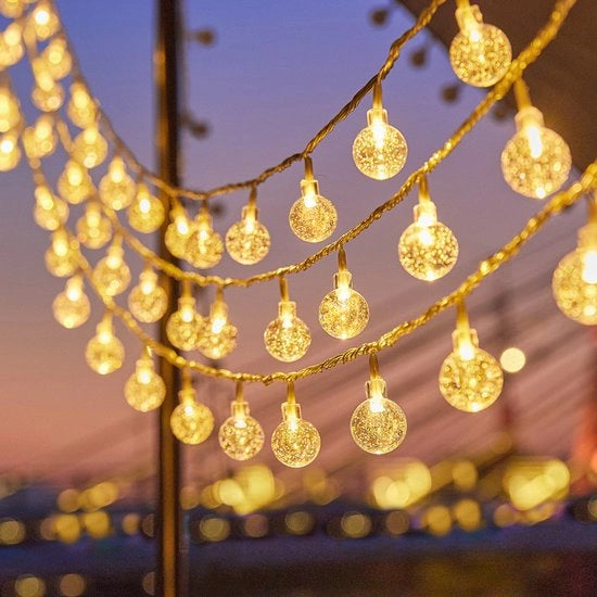 Luce a LED luce a stella completa atmosfera di campeggio lampada da tenda piccola pallina bianca decorativa lampada con cristallo (luce calda) -10 metri 80 LED USB sempre luminoso -2 pezzi