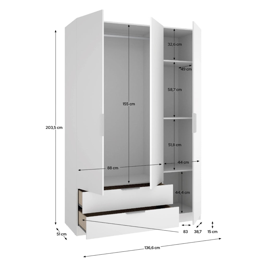 Armadio Camera da Letto Mayos, Guardaroba 3 Ante Appendiabiti, 51x137 cm Bianco
