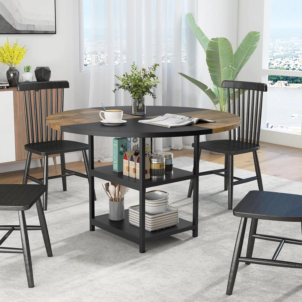 Tavolo da pranzo rotondo a 3 livelli, tavolo da cucina φ 120 cm per 4-6 persone, 2 ripiani aperti, stile industriale, telaio in metallo, per sala da pranzo, soggiorno