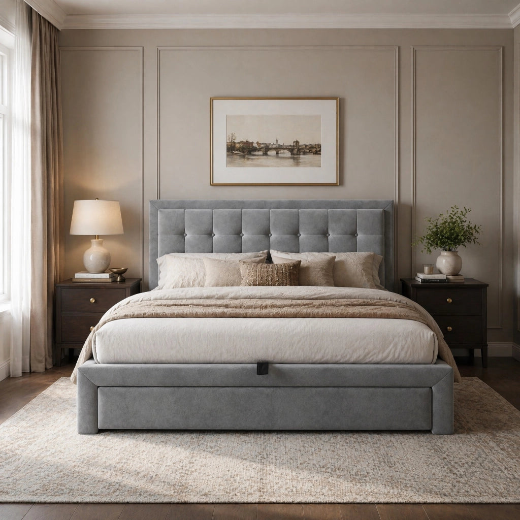 Letto matrimoniale imbottito con contenitore e cassetti; testiera regolabile in velluto grigio 140 x 200 cm