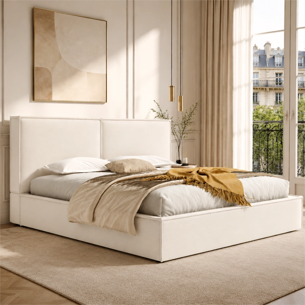 Letto Matrimoniale 180x200 cm con Contenitore idraulico; Testiera imbottita; Beige