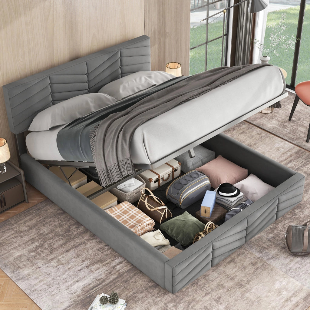 Letti contenitori 140x190 cm; testiera regolabile con contenitore; velluto grigio (Senza materasso)