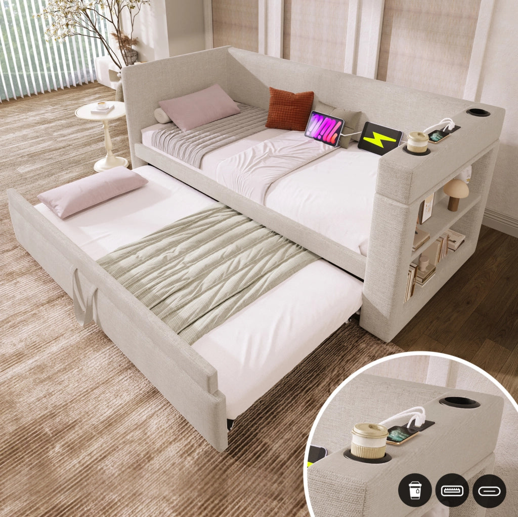 Divano letto estraibile 90x190 cm in cotone-lino beige con USB e Type-C