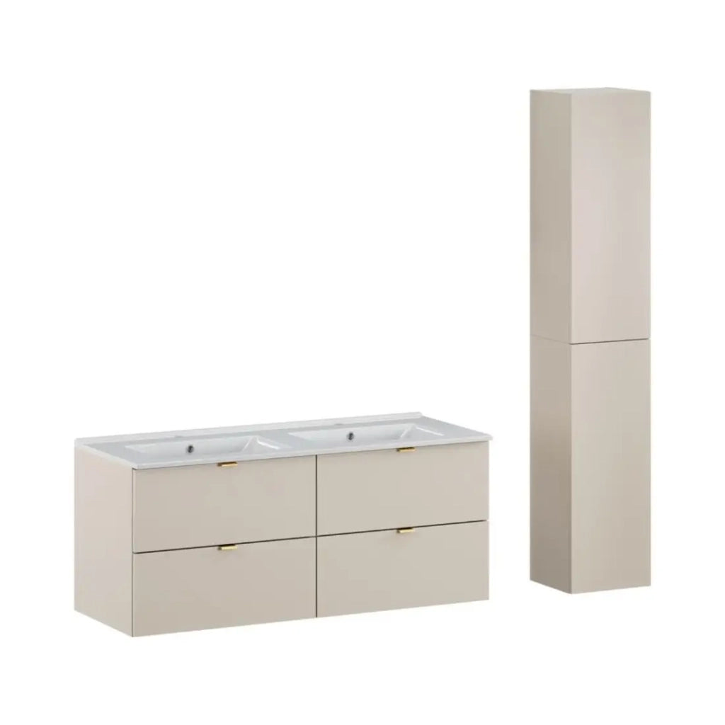 Set da bagno BELLA: mobile sottolavabo 120cm + doppio lavabo incassato rettangolare + colonna di stoccaggio