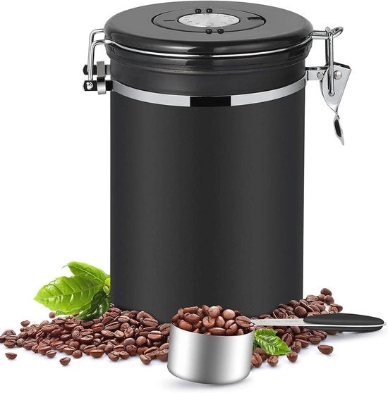 Bottiglia di caffè a prova d'aria - Acciaio inossidabile - 1 kg - Cucchiaio di misura - Nero - 2800 ml