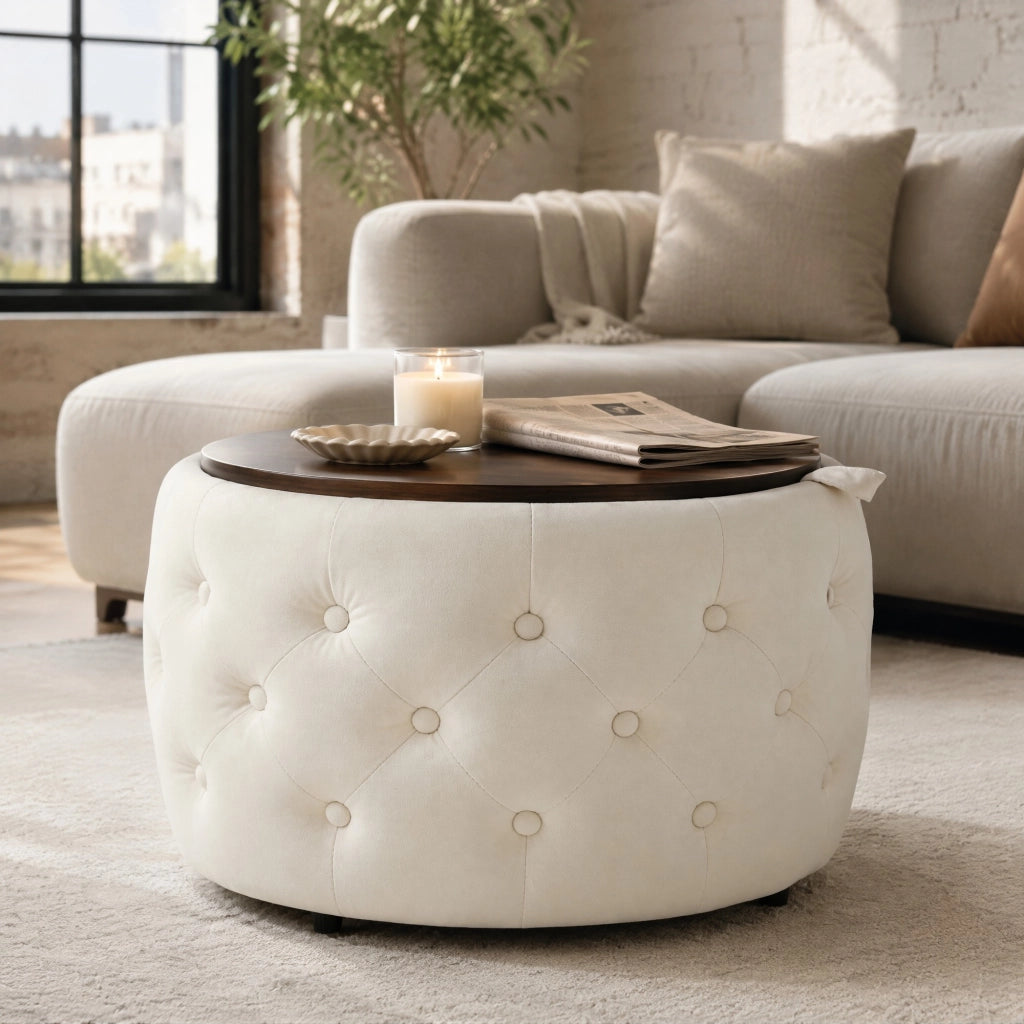 POUF Set da 2 pezzi in velluto beige 58x58x38 cm con vassoio in legno