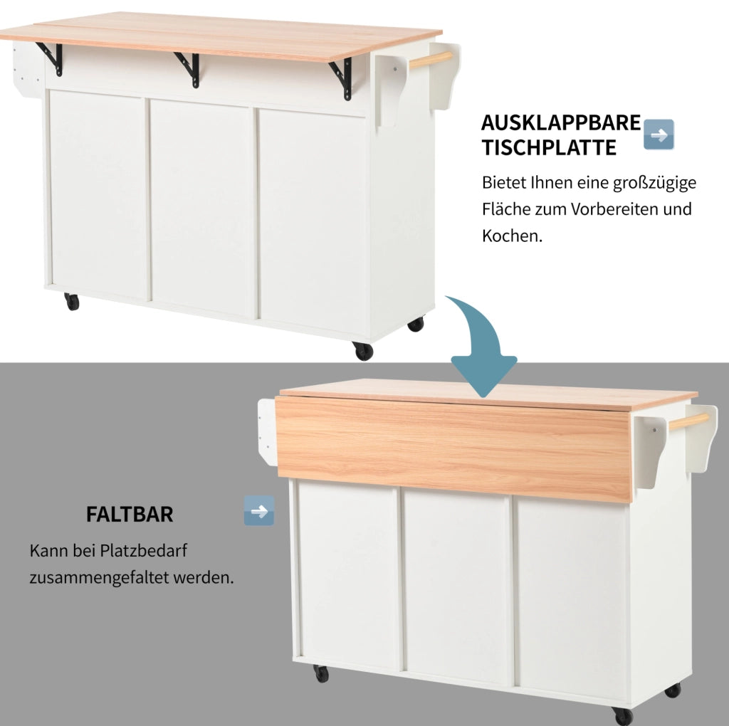 Carrello da cucina con piano ribaltabile e cassetti, bianco
