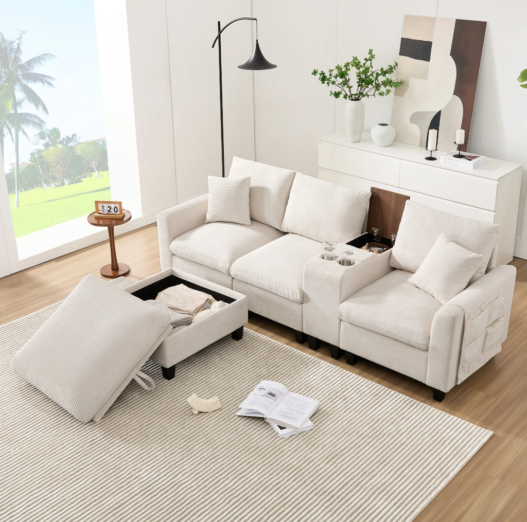Divano angolare modulare 4 posti con console; 2 USB; portabicchieri e pouf contenitore beige