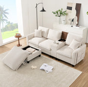 Divano angolare modulare 4 posti con console; 2 USB; portabicchieri e pouf contenitore beige