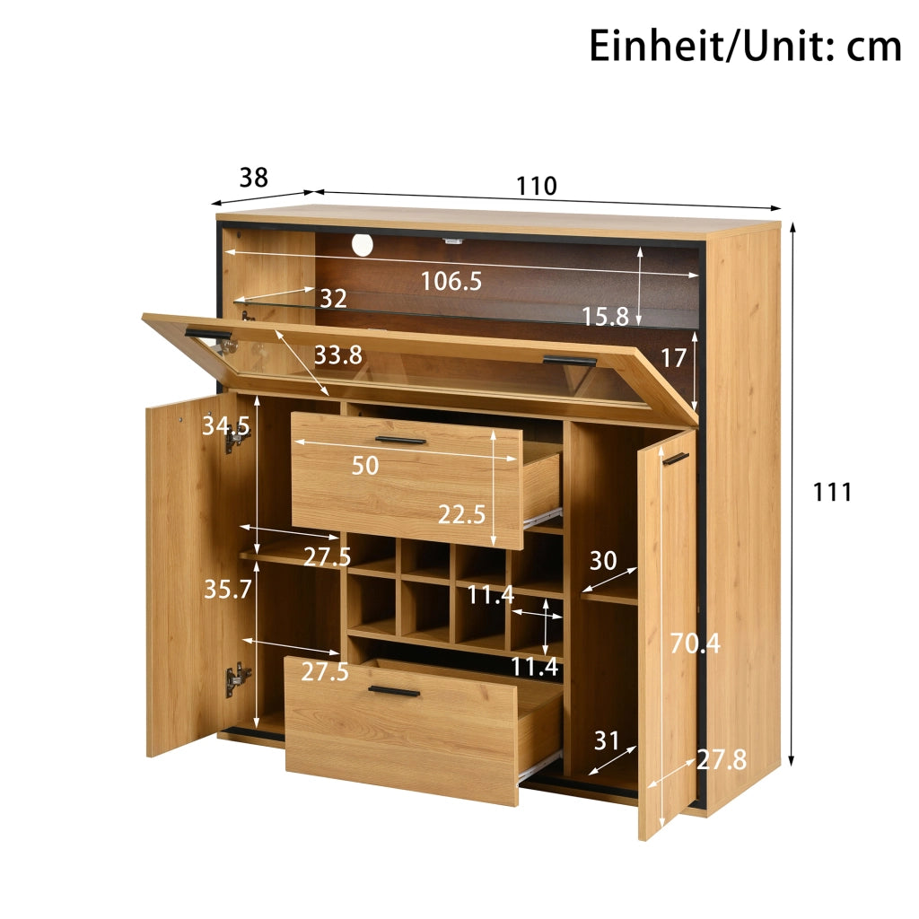 Credenza con 2 Ante; Ripiani; Portabottiglie e LED per Sala da Pranzo in Pannello di Particelle 110 × 38 × 111 cm Naturale