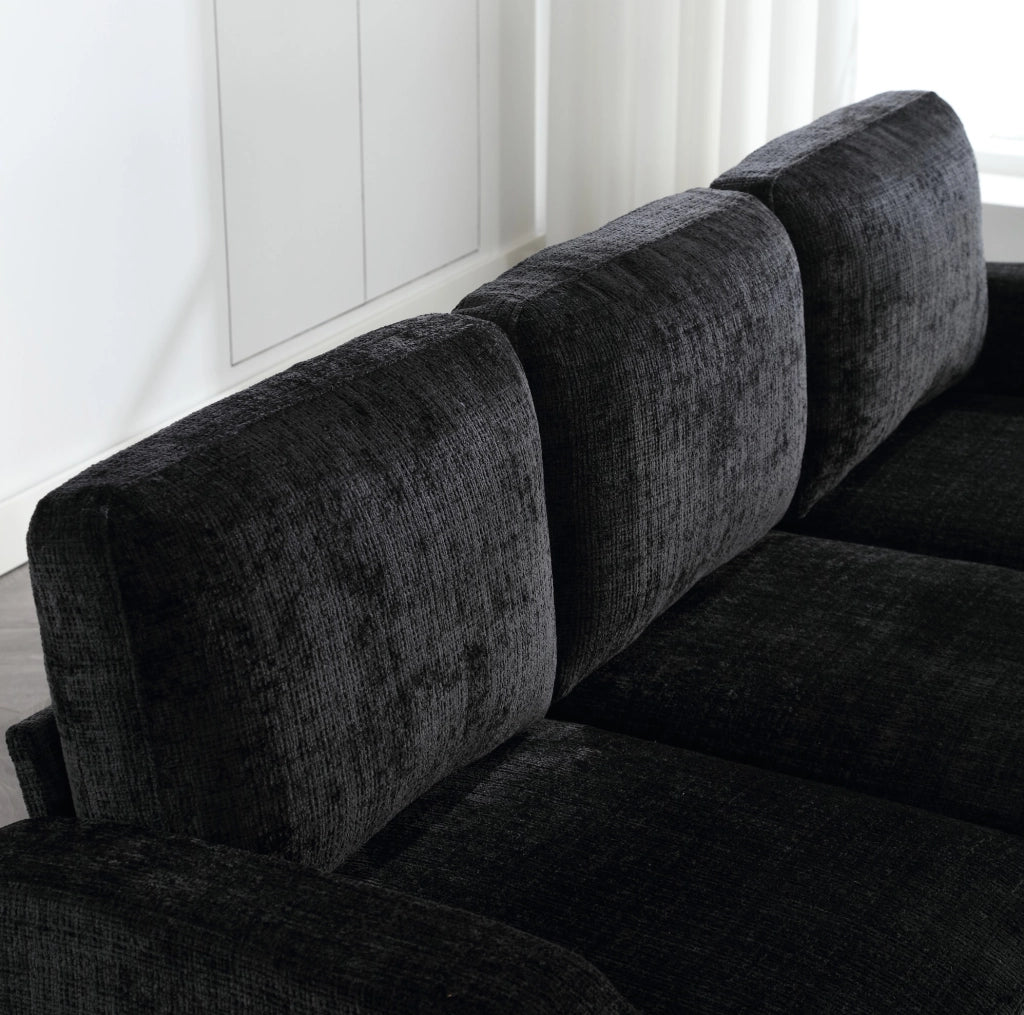 Divano 4 posti con pouf contenitore in chenille nero; porta-bevande e tasche laterali HOMVRA