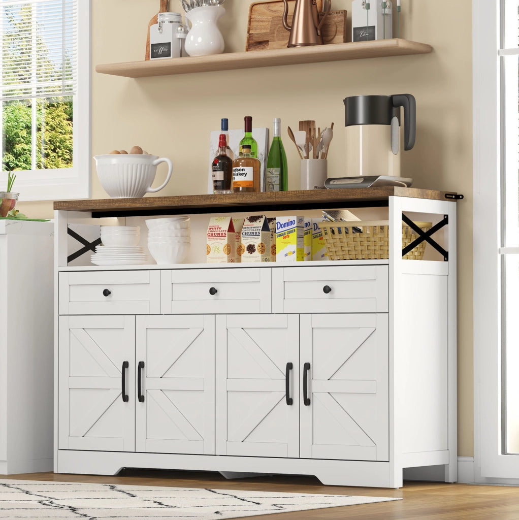 Buffet 140x35x95 cm con 3 cassetti; 2 ante e vano aperto; MDF bianco e marrone