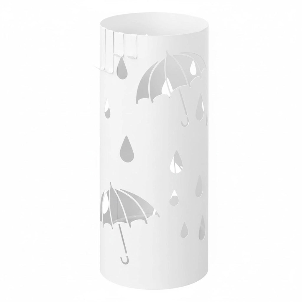Portaombrelli Rotondo In Acciaio Zincato Design Moderno Con Vaschetta Scolapioggia Base Antiscivolo E 4 Ganci Removibili Per Ingresso Casa E Ufficio 41 X 17 Cm Bianco