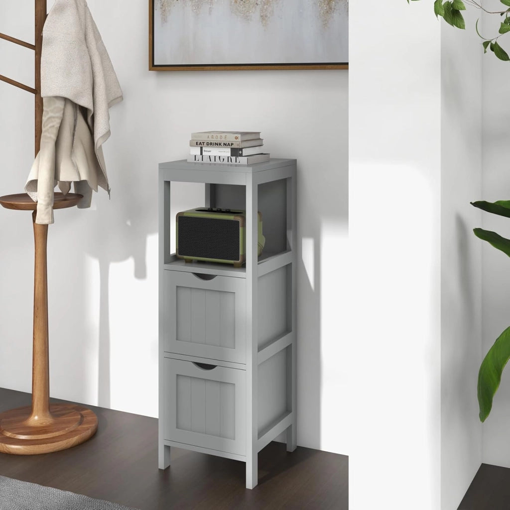 Mobile Bagno Stoccaggio a 3 Livelli, Colonna Bagno Cassettiera Armadio con Mensola Aperta e 2 Cassetti, Armadio su Piede per Soggiorno, Cucina, WC, 30 x 30 x 90 cm (Grigio)