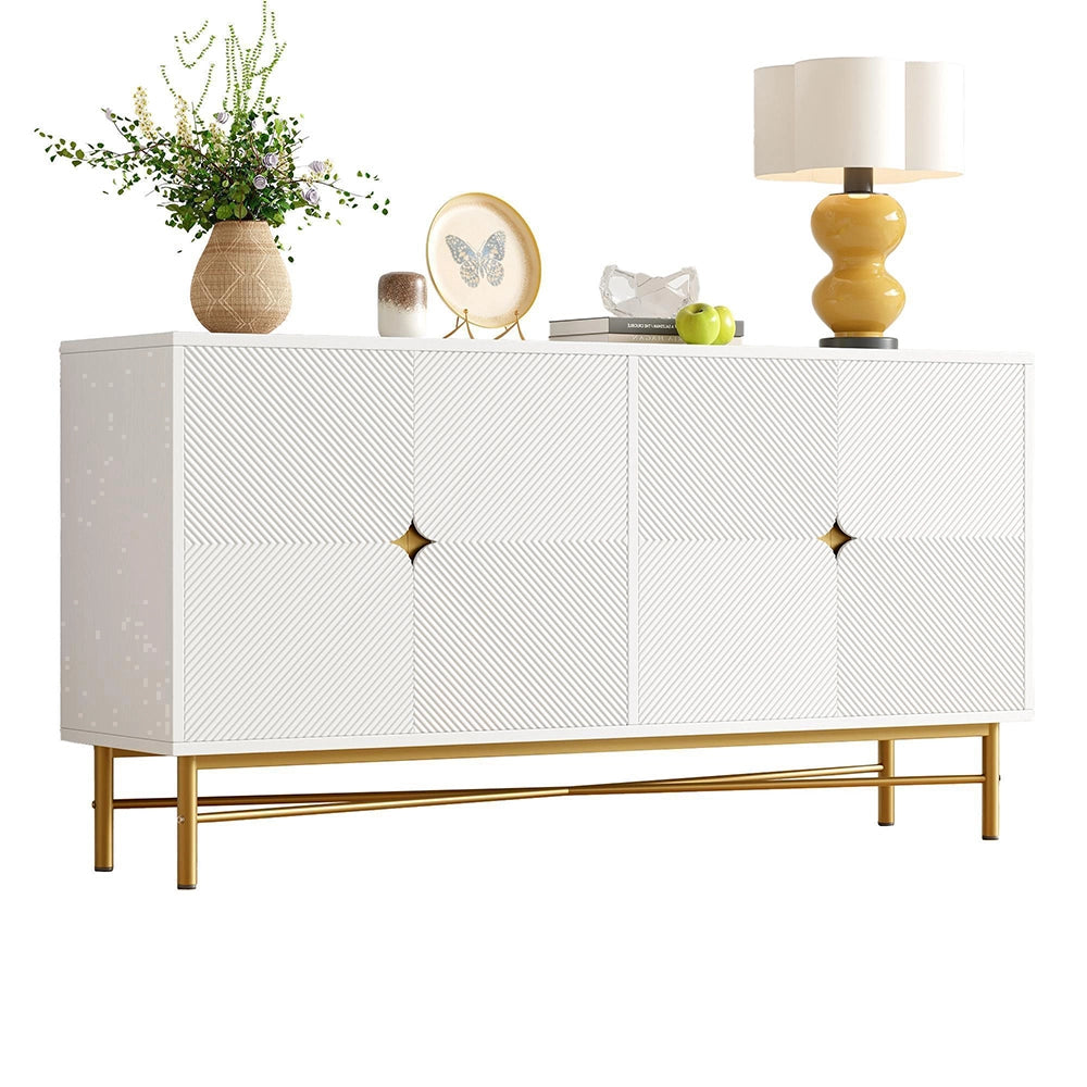Credenza 160cm Texturizzata - Xylo - 4 Ante con Maniglie Oro, Colore Bianco