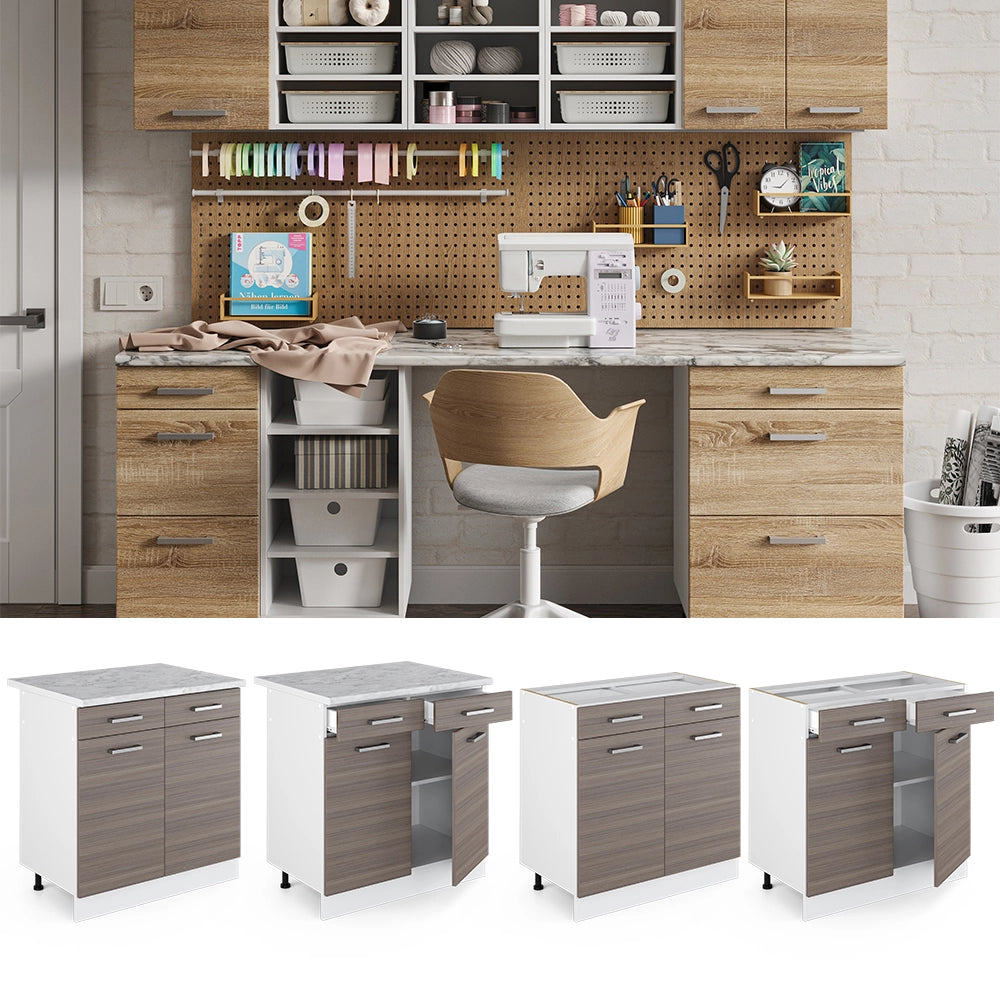 Vicco Base universale Grigio 80 cm con cassetti e ante, con piano di lavoro