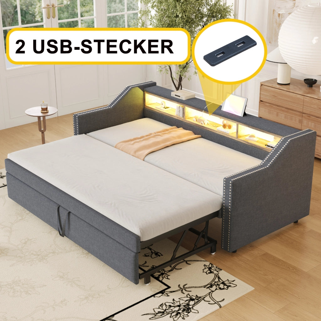 OKWISH Letto a Scomparsa Tipo Divano 90×190 cm e 180×190 cm, Letto Singolo con USB, LED Regolabile e 3 Mensole, senza Materasso, Grigio Scuro