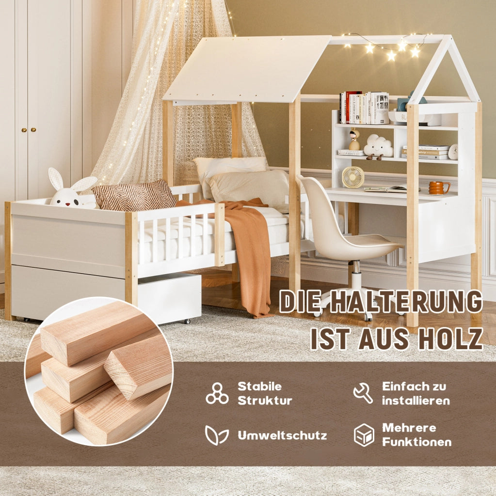 Letto a casetta per bambini 90x200 cm con scrivania e scaffale