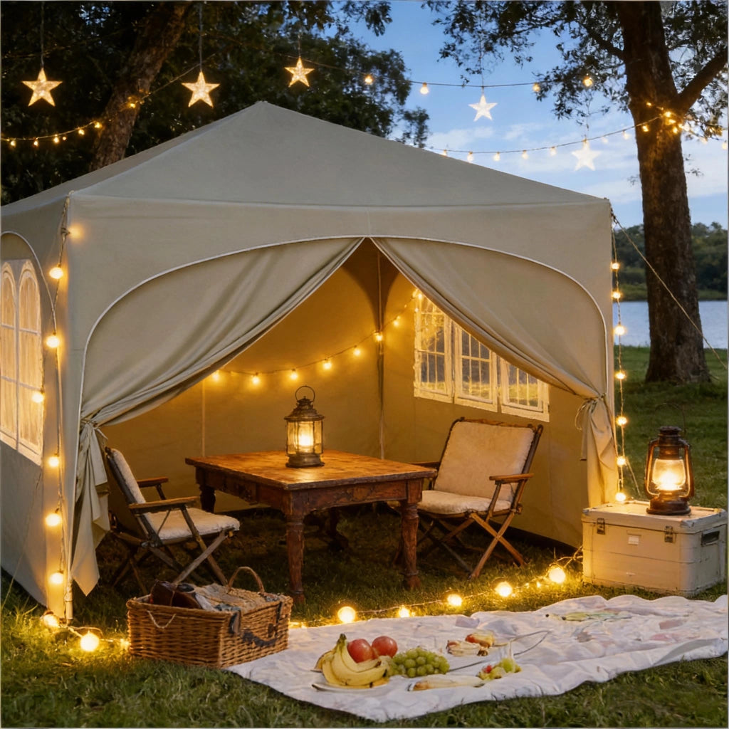 Pavillon da giardino 3x3 m pieghevole con pareti laterali, beige, struttura in metallo e tessuto Oxford 210D