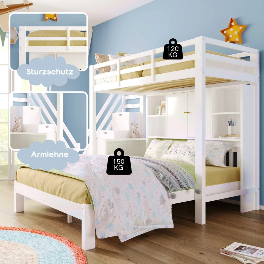 Letto a Castello per Bambini; Armadio; Cassetti; Scaffali; Bianco