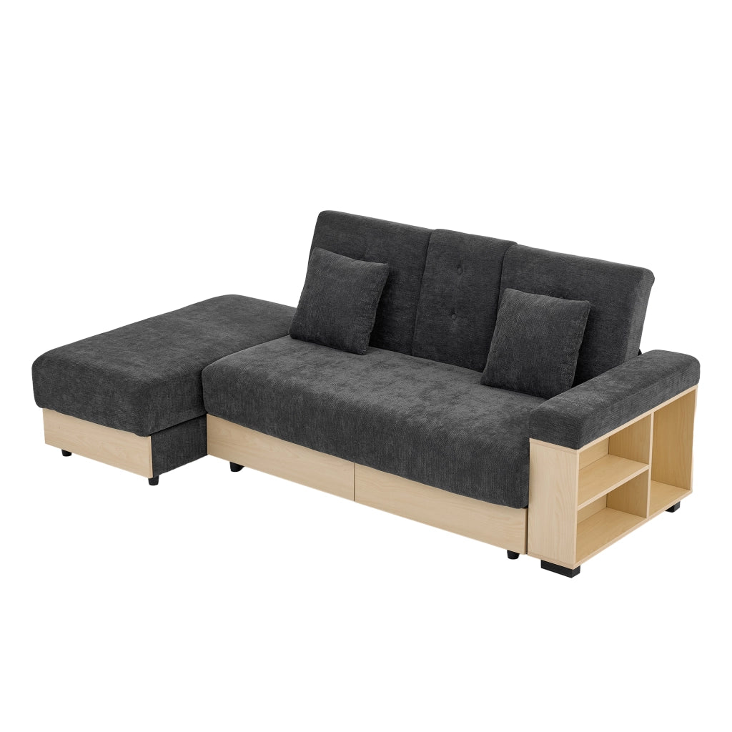 Divano letto 3 posti con contenitore; schienale reclinabile e portabicchieri in ciniglia grigia 217×110×90 cm