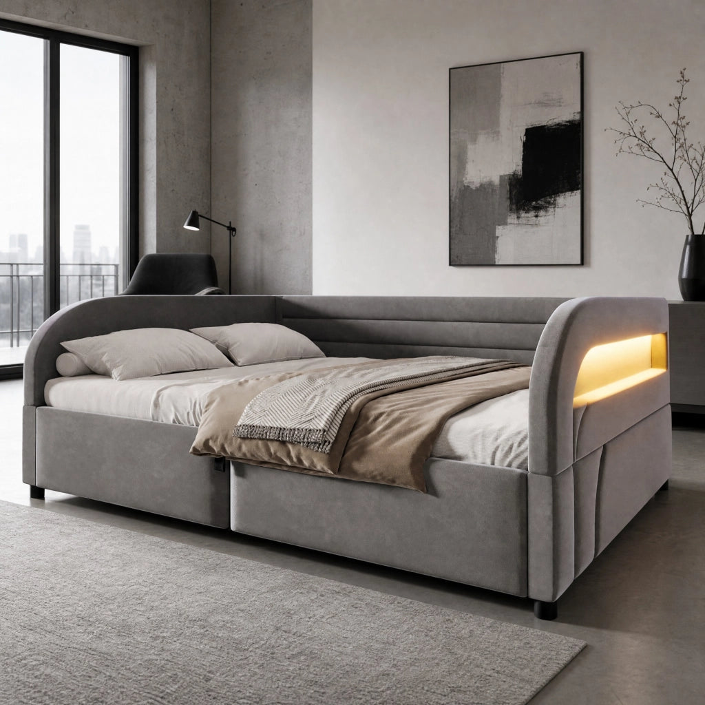 Letto imbottito 140x200 cm con contenitore idraulico e LED; grigio