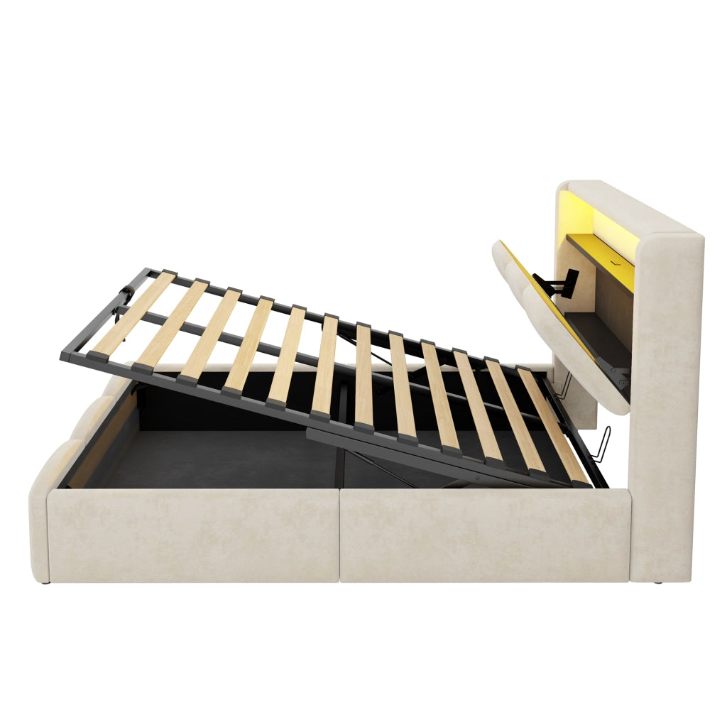 Letto singolo con contenitore 90 × 200 cm imbottito in velluto con testiera a petalo LED USB e Type-C beige