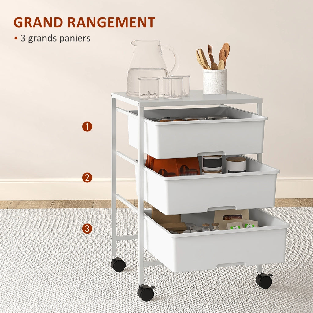 Carrello di servizio con 3 livelli, piano e 3 ceste ¨C Minimal ¨C acciaio, ruote