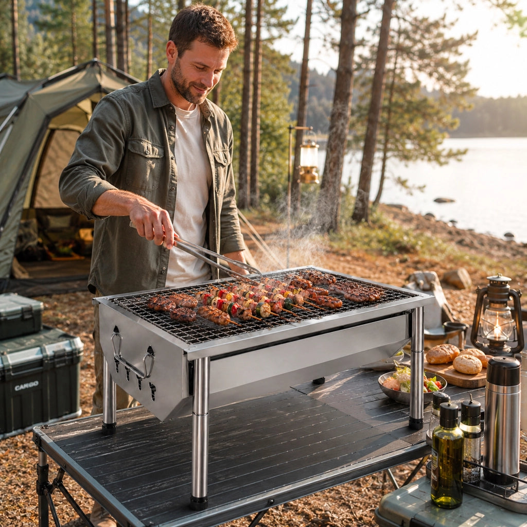 Barbecue A Carbone Portatile In Acciaio Inox Con Griglia Smontabile Gambe Pieghevoli Design Compatto Per Campeggio Picnic Giardino Outdoor 40 X 28 X 21.5 Cm Acciaio