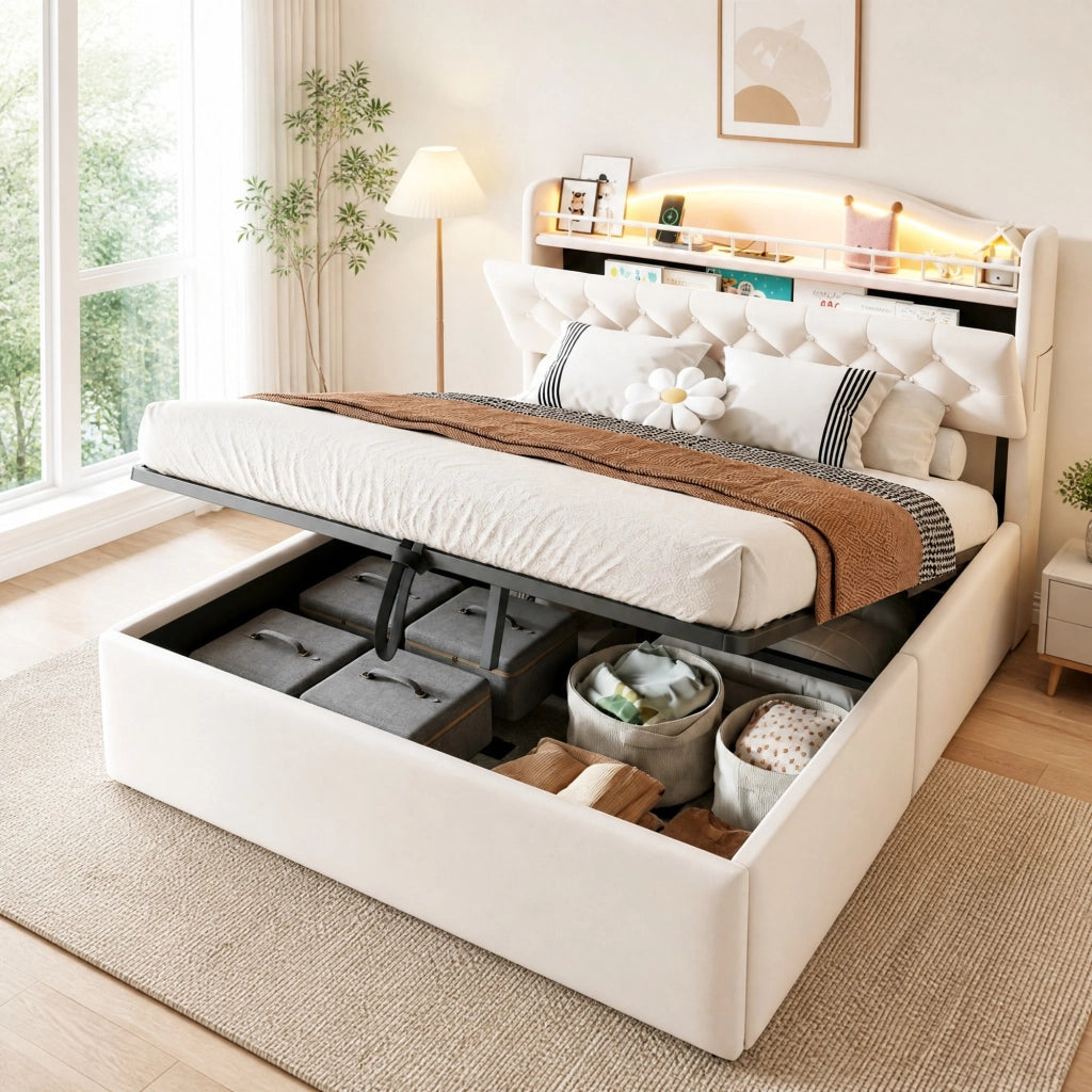 Letto imbottito 140x200 cm con contenitore idraulico; ricarica USB e USB-C; beige