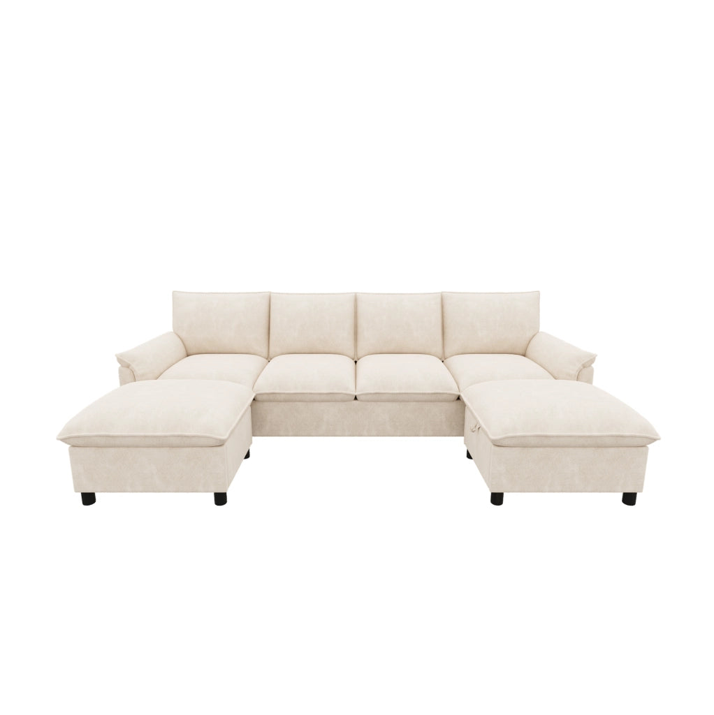 Divano con 2 pouf contenitore in chenille beige 264;5x142;5x84 cm