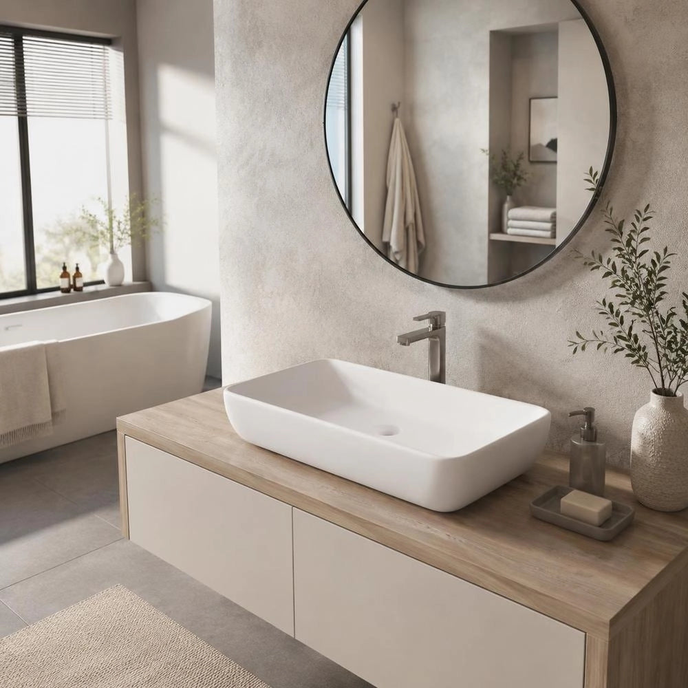 Luxury Rectangular Washbasin, Matte White, 71x38 Cm, Ceramic