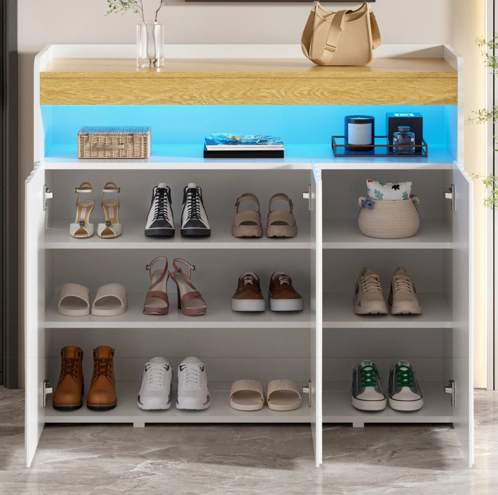 Credenza con LED; 3 ante; ripiano aperto; 105x33;5x76 cm; truciolare; bianco/naturale
