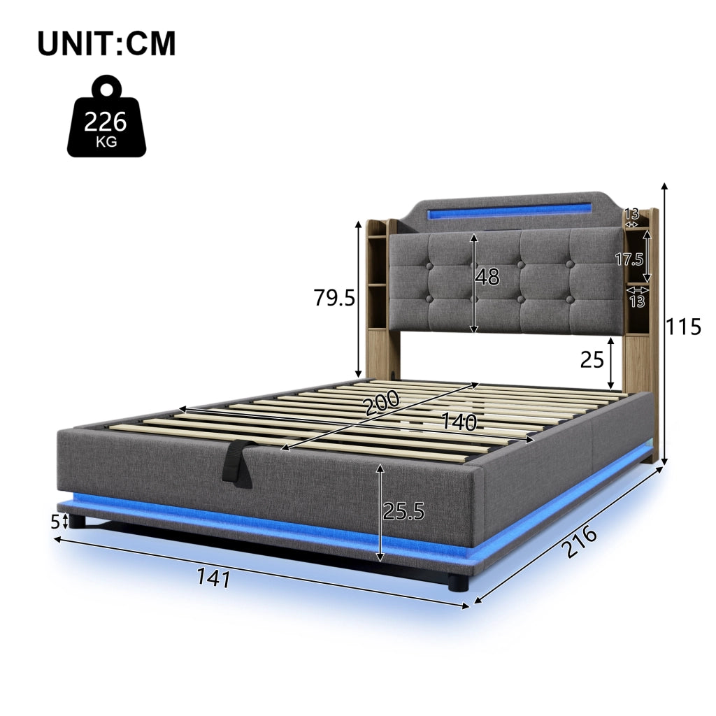 Letti contenitori 140x200 cm con luci LED e vano contenitore; lino; grigio (Senza materasso)