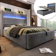 Letto Contenitore Singolo con Testiera Alta e LED ¨C MINIMAL ¨C 90x200, Grigio Tessuto, USB/Type-C