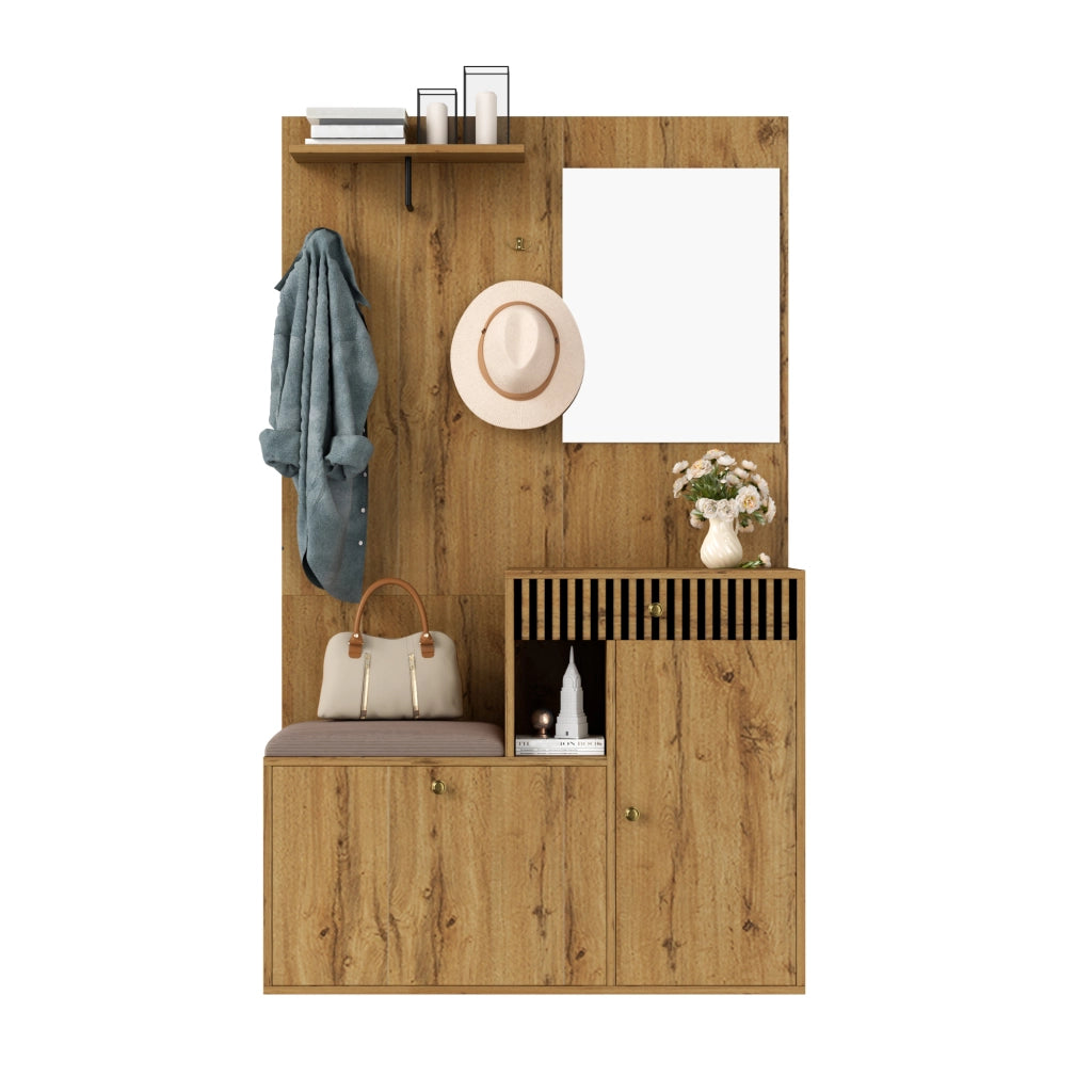 Mobile Ingresso con Specchio; 2 Ante; 1 Cassetto e Seduta Imbottita; Ripiani Regolabili; in MDF; Nero e Legno; 110??37??185;5 cm