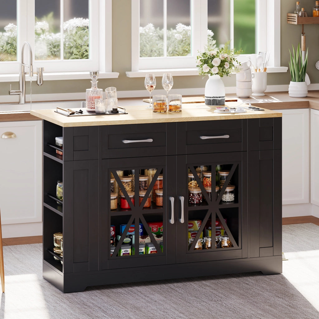 Isola cucina mobile 120 cm con piano ribaltabile, prese AC e USB, ante in vetro, ruote frenate