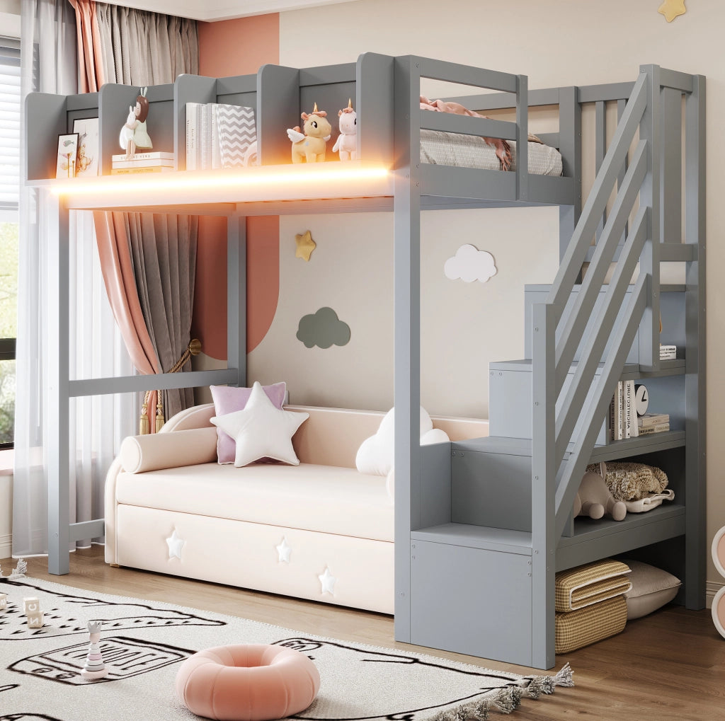 Letto a soppalco 90x200 cm con LED, vani portaoggetti e scala laterale