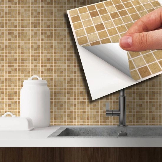 Tegelstickers Autoadesivi - Decorazione Acquatica per Cucina, Bagno, Salotto - Marmo Boticcino Mosaico Disegno - Set da 24 Pezzi - 15 Cm - Marrone Tegel Autoadesivi