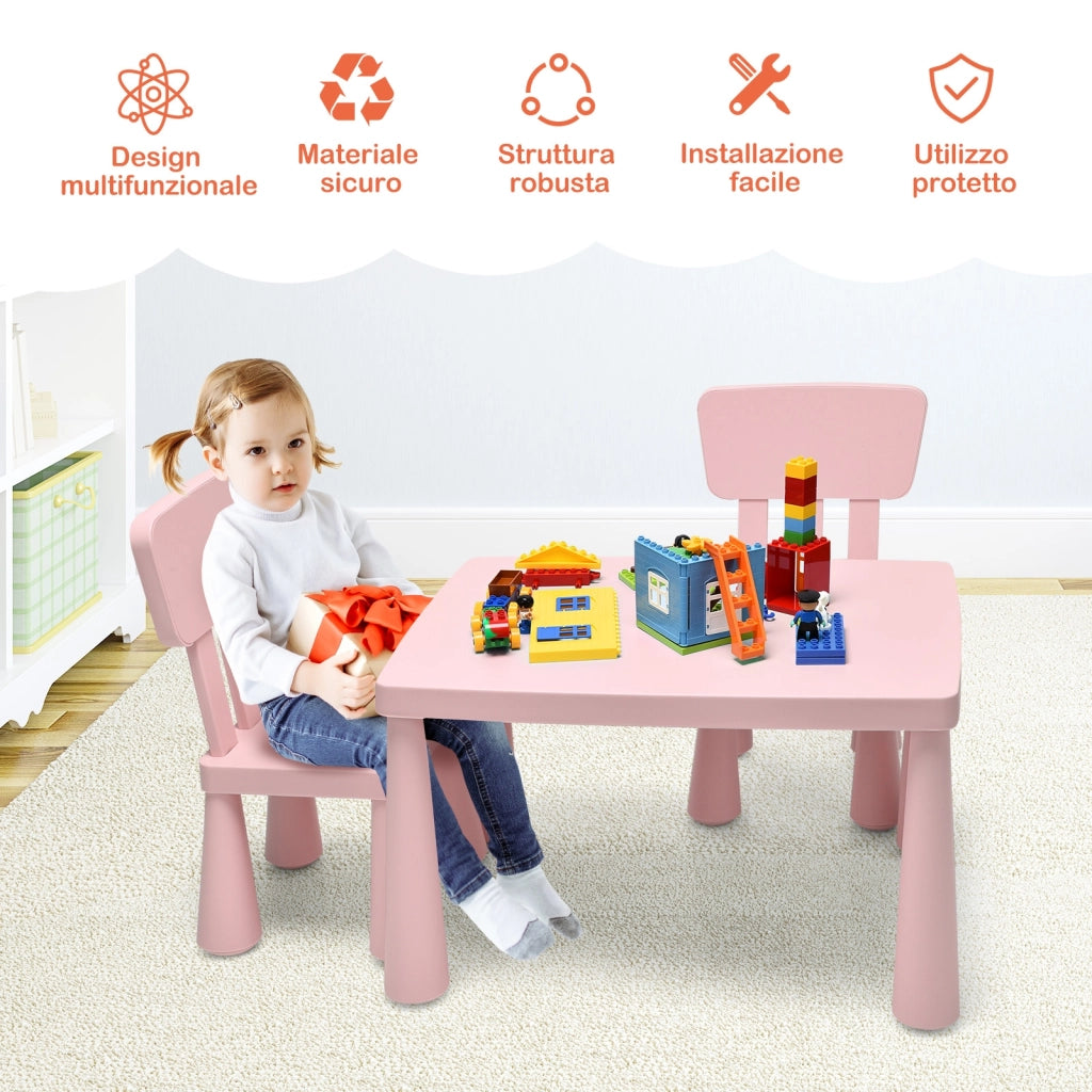 Set con tavolo e 2 sedie per bambini, Set con tavolo e 2 sedie per mangiare disegnare scrivere e fare lavoretti Rosa-Tavoli e sedie