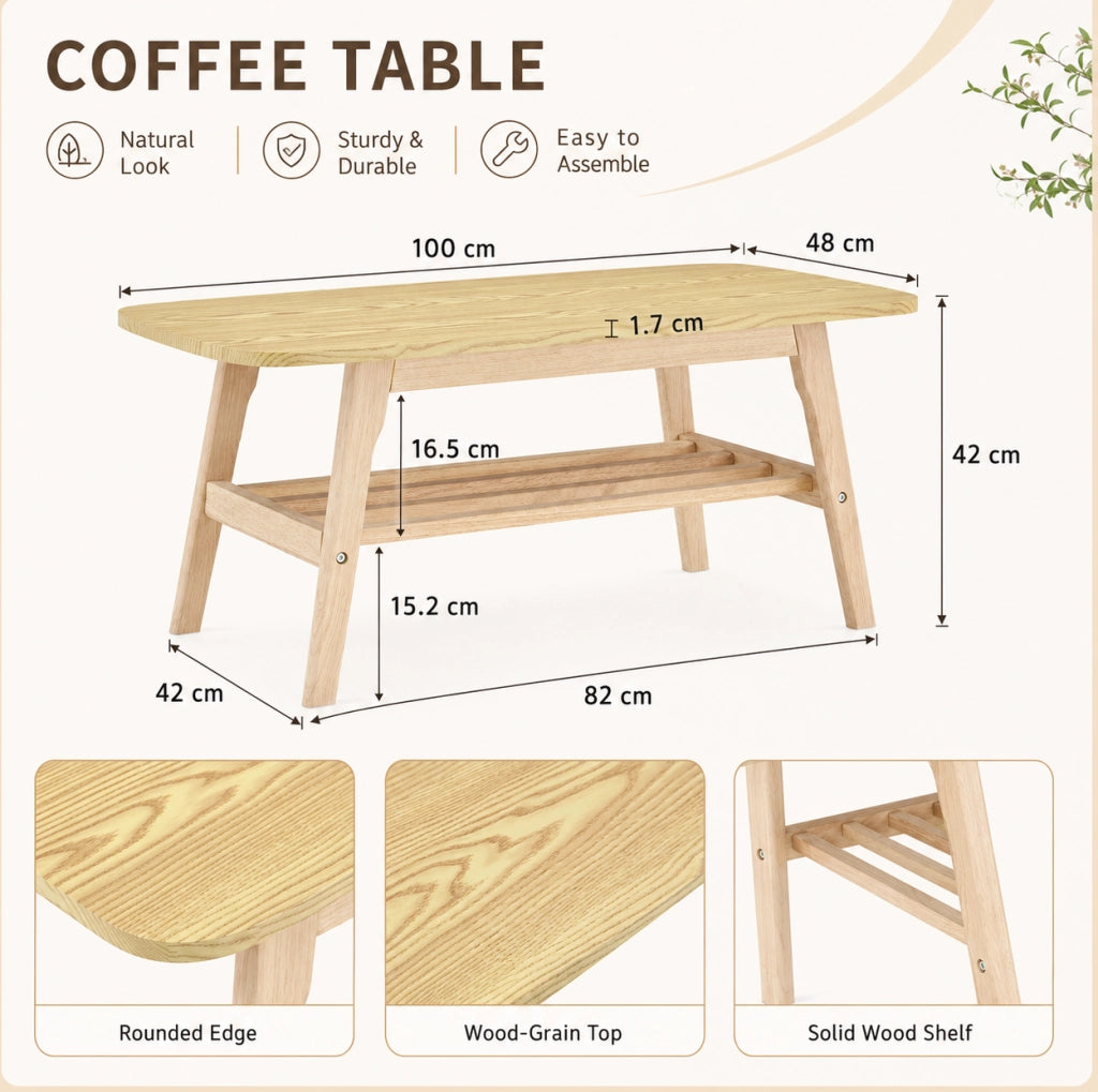 Tavolino da caffè in legno a 2 livelli con ripiani aperti; colore legno