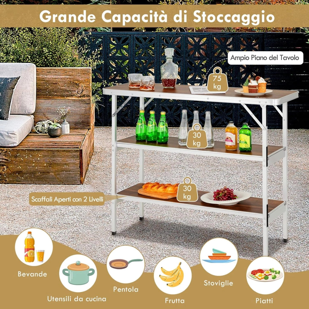 Cucina da Campeggio Pieghevole con Telaio in Alluminio, Mobile da Campeggio con 3 Ripiani e Borsa per Trasporto, Cucina da Esterno per Attività all'Aperto, Picnic e Barbecue (Nero)