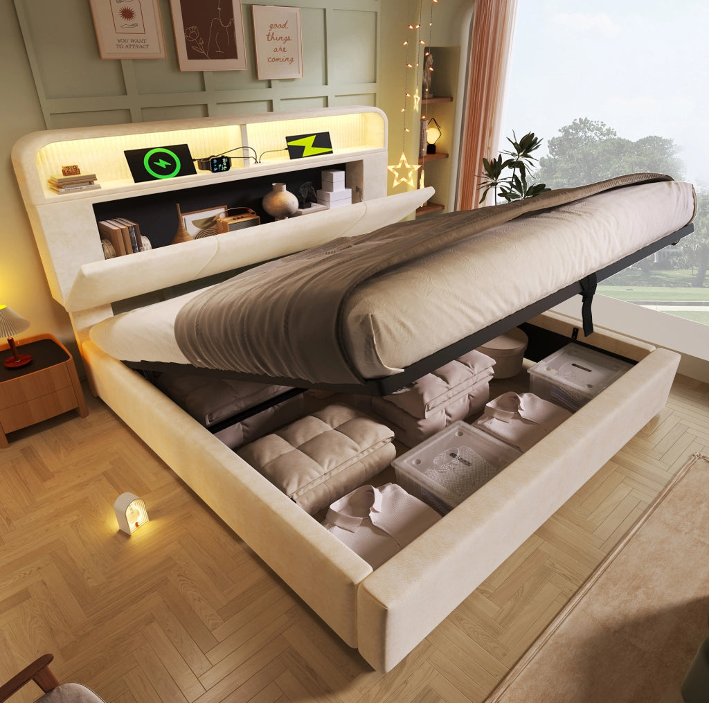 Letto matrimoniale 140x190 cm in velluto beige con testiera regolabile; LED e contenitore