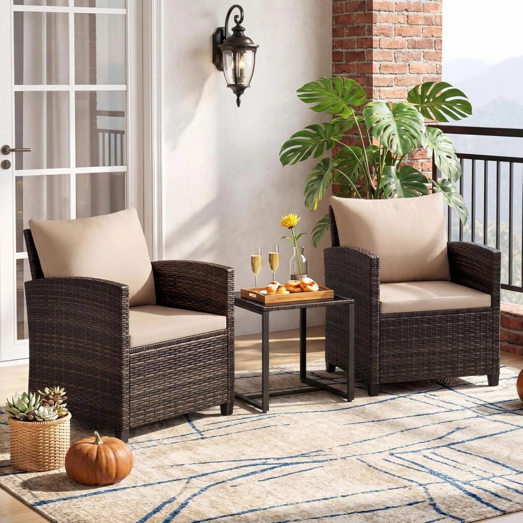 Set Mobili da Giardino 3 Pezzi, Salotto da Esterno in Rattan PE con 2 Poltrone e 1 Tavolino in Vetro Temperato, Set da Conversazione con Cuscini Sfoderabili per Patio (giallo, Modello 5)