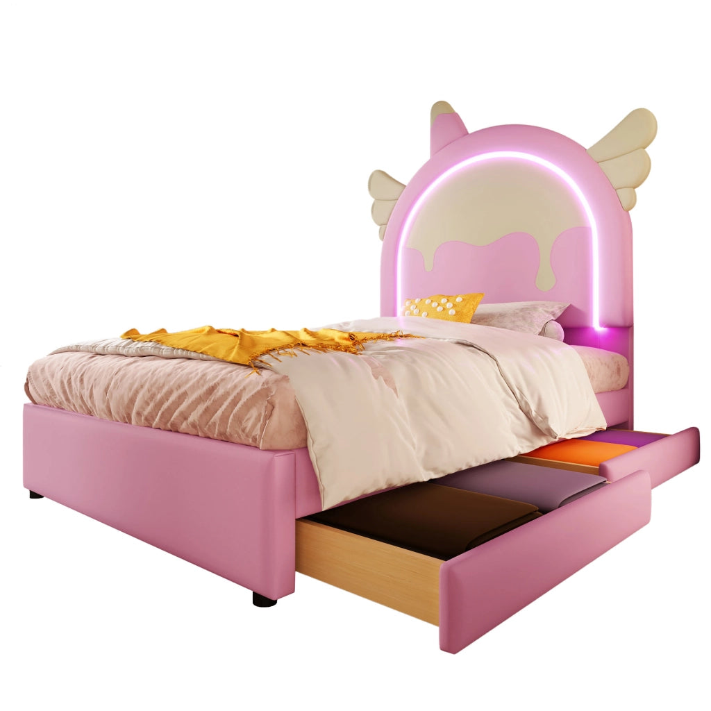 Letto Singolo per Bambini 90 x 200 cm con 2 Cassetti e Barra Luminosa; Forma Unicorno; senza Materasso; PU; Rosa